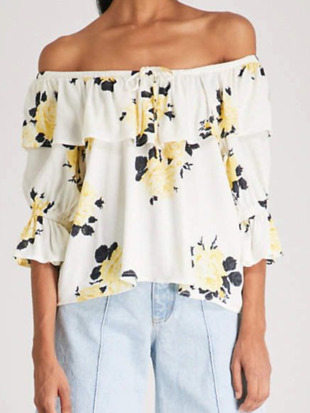 Ganni Silvery Crepe Off the Shoulder Ruffle Blouse Top Cream & Yellow Floral